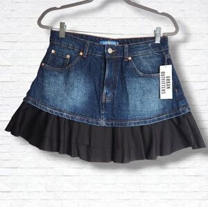 Urban Outfitters Blue Denim Mini Skirt With Black Ruffle Size M NWT